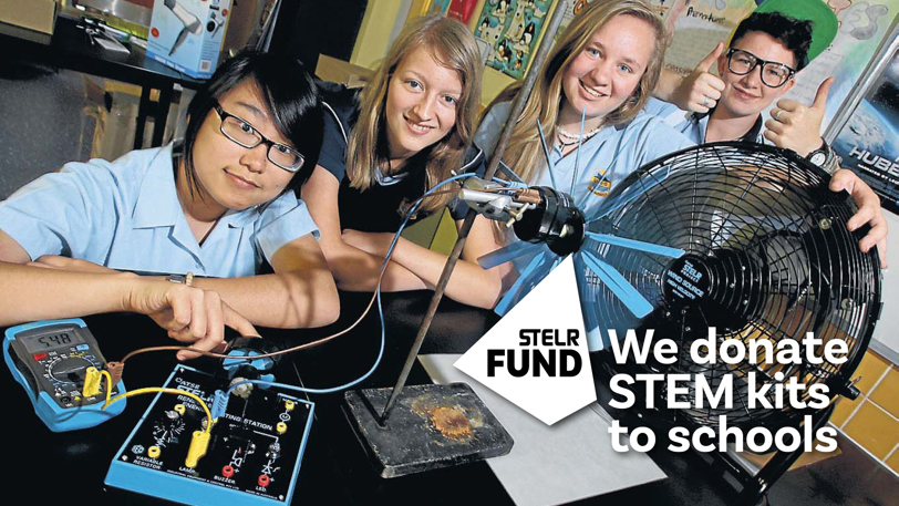 A group of students using electrical testing equipment and small wind turbines in a classroom. The STELR Fund logo and "We donate STEM kits to schools" are overlaid on the image.