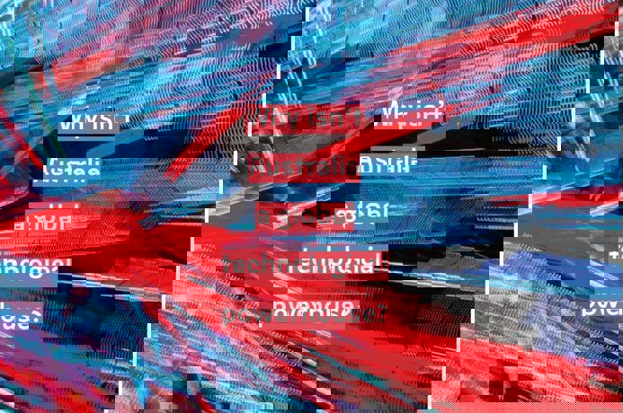 Blue and red blurry stripes over a black background with the words in the centre saying Why isn't Australia a global technological powerhouse?