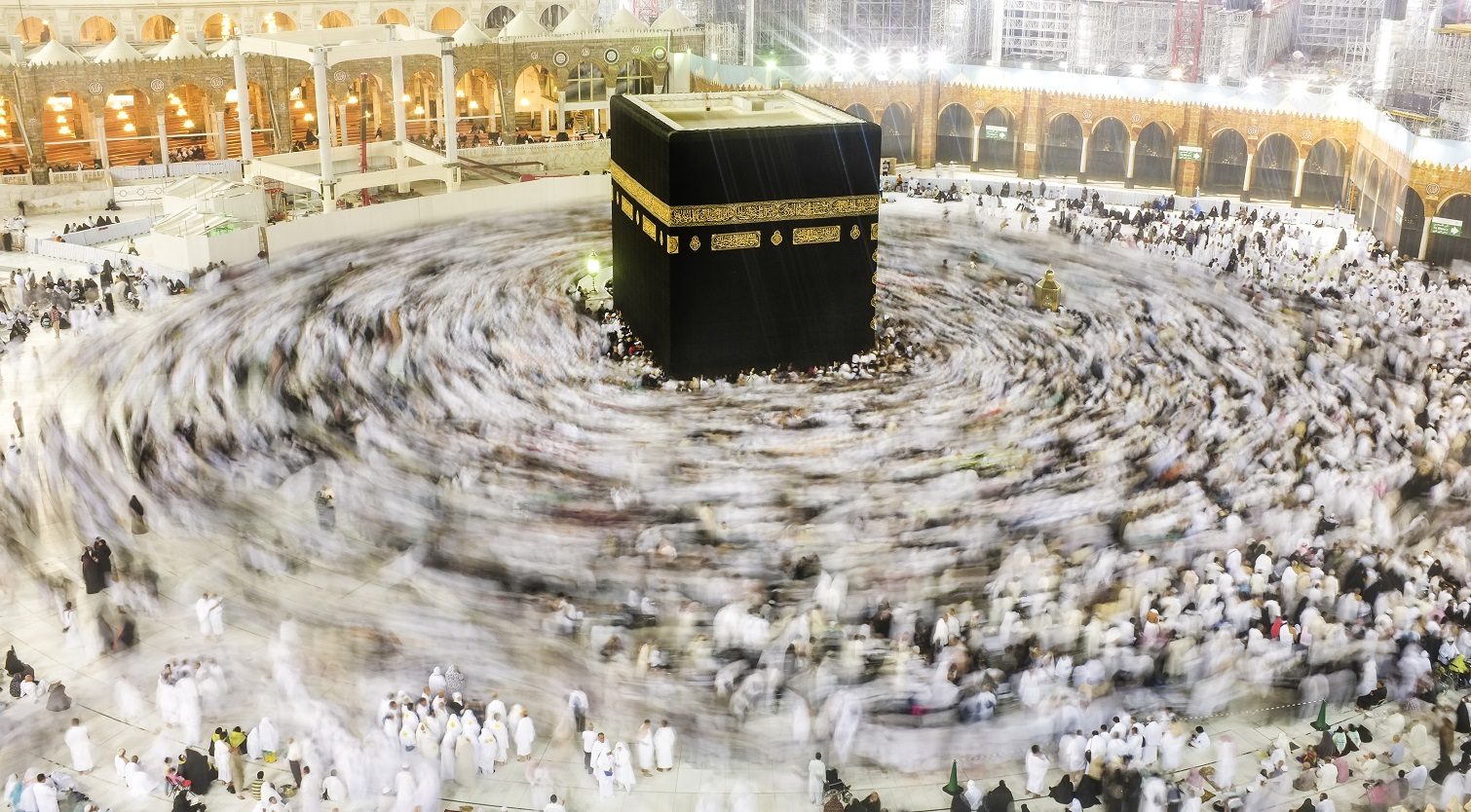 Muslims pilgrims from all around the world circumabulate (tawaf) the Kaaba at Masjidil Haram, Mecca, Saudi Arabia.