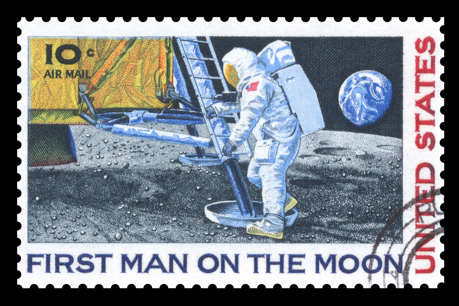 A US postage stamp commemorating the first man on the moon