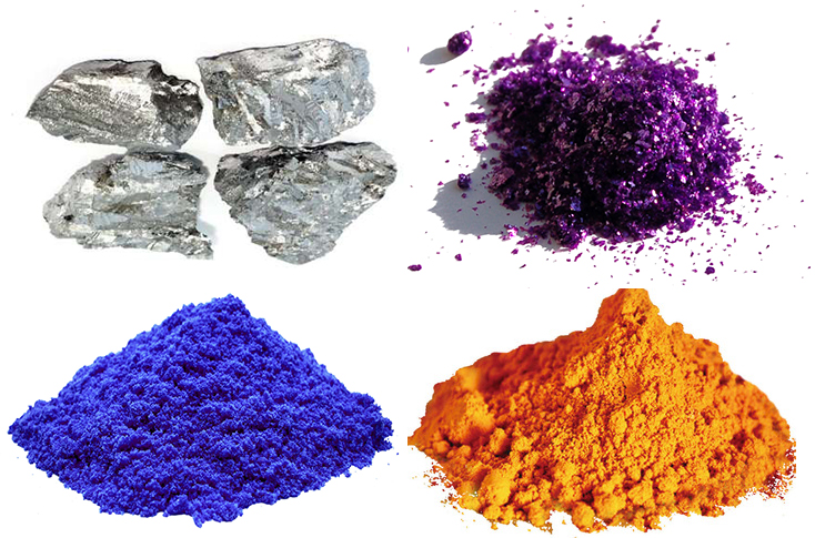 Top left to bottom right: vanadium ingots, vanadium chloride, vanadium sulfate and vanadium pentoxide