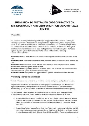 Cover page of the Joint ATSE and AAS Submission To Australian Code Of Practice On Misinformation And Disinformation (ACPDM) – 2022 Review
