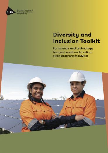 A man and a woman from diverse backgrounds wearing high visibility clothing stand in front of solar panels, with the words Diversity and Inclusion Toolkit above their image over a green to yellow background.