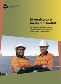 A man and a woman from diverse backgrounds wearing high visibility clothing stand in front of solar panels, with the words Diversity and Inclusion Toolkit above their image over a green to yellow background.
